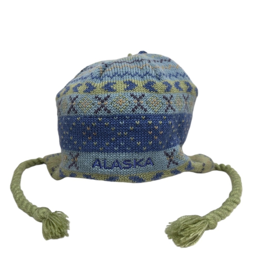 Alaska Knit Beanie Lined Winter Hat Blue Green Ear Flap Tassels Size Kids OS